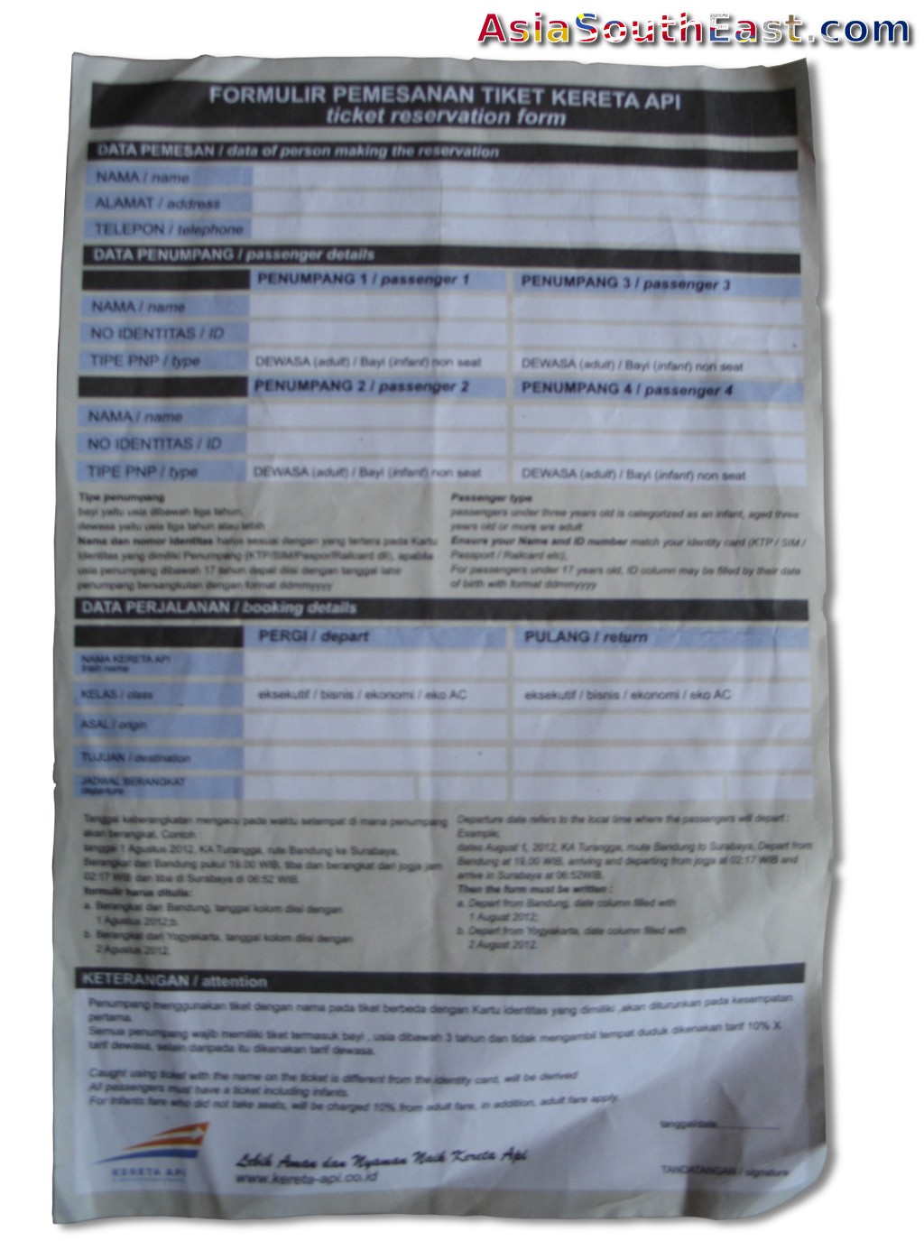ticket reservation form for booking a train ticket in Jakarta, Java, Indonesia