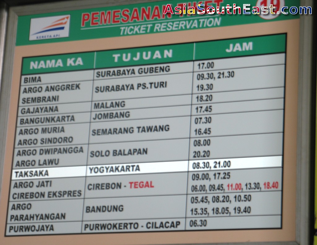 Train names and times from Jakarta Gambir train station, Jakarta, Java, Indonesia